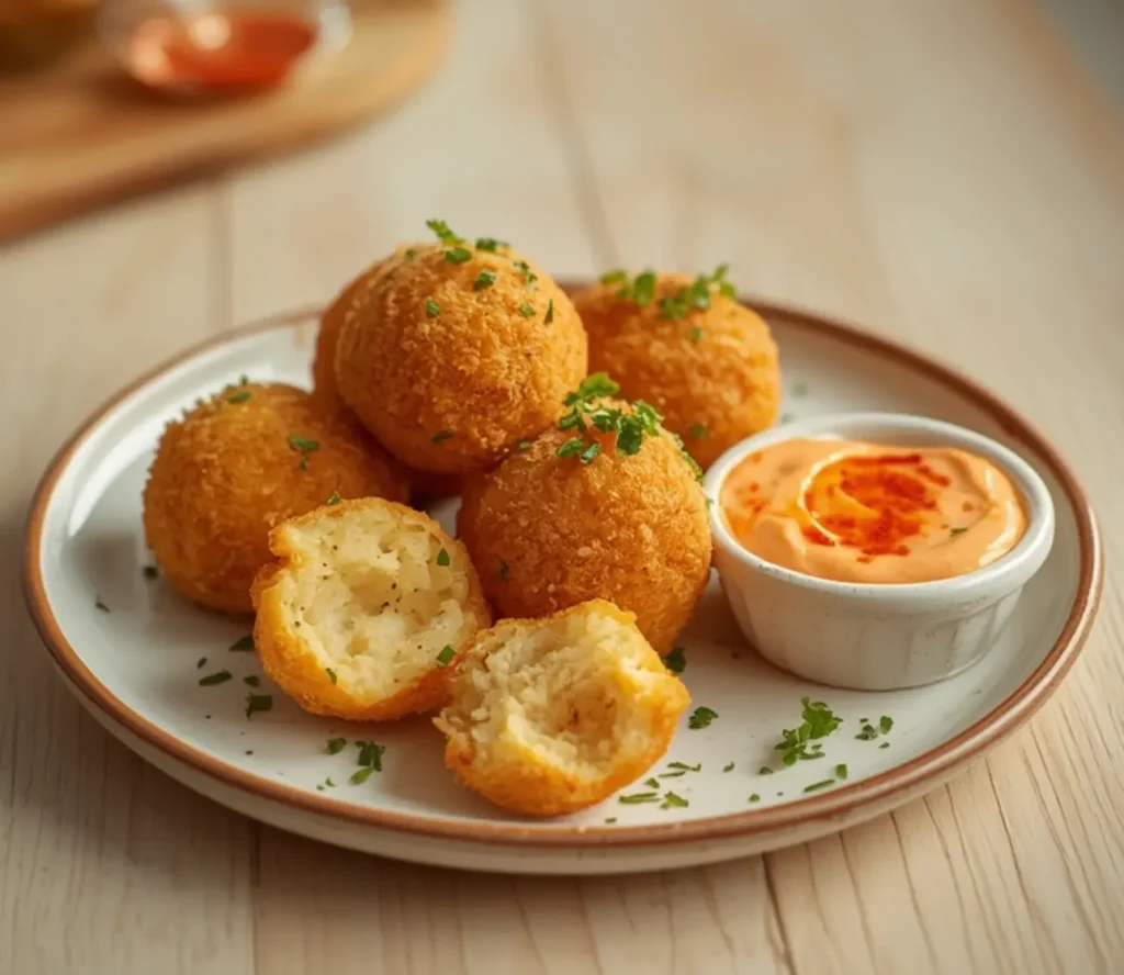 Irresistible Crispy Potato Balls with Sriracha Mayo in 30 Minutes 1 crispy potato balls sriracha mayo: : Crispy vegan potato balls with sriracha mayo dip for a bold flavor snack.