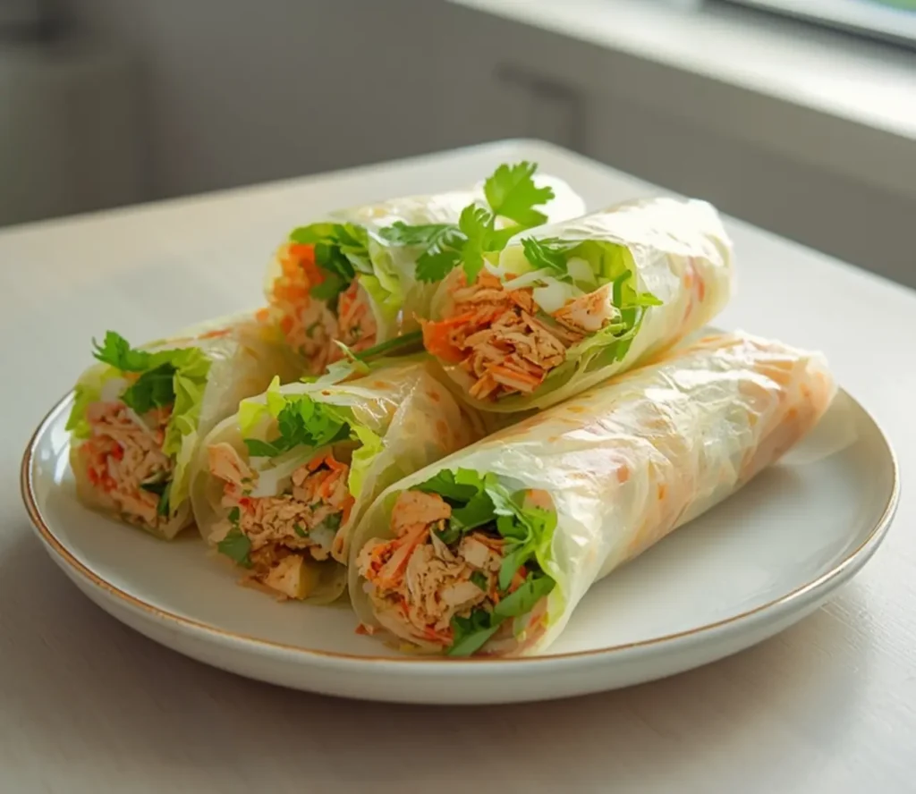 vietnamese summer rolls chicken: : Vietnamese summer rolls with chicken filled with fresh herbs and noodles
