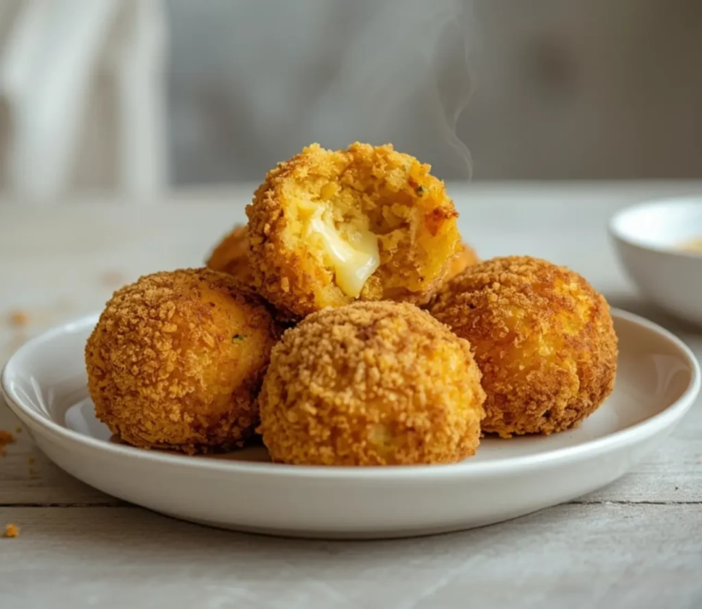 cheesy parmesan garlic potato balls: : Crispy cheesy parmesan garlic potato balls on a plate