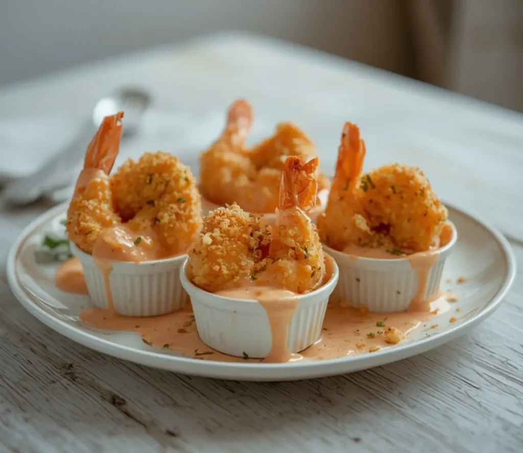 bang bang shrimp cups: : Crispy bang bang shrimp cups with sweet and spicy sauce in a serving platter