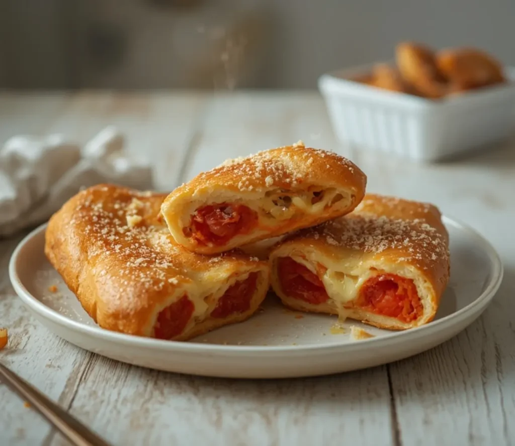 pepperoni pizza roll breadsticks: : Golden pepperoni pizza roll breadsticks with melted cheese on baking sheet