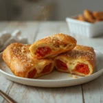 pepperoni pizza roll breadsticks: : Golden pepperoni pizza roll breadsticks with melted cheese on baking sheet