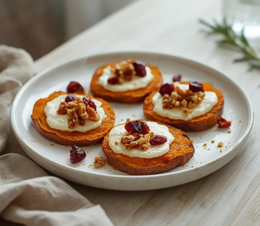 roasted sweet potato rounds: : Roasted sweet potato rounds with creamy brie and cherry walnut topping
