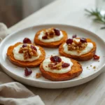 roasted sweet potato rounds: : Roasted sweet potato rounds with creamy brie and cherry walnut topping
