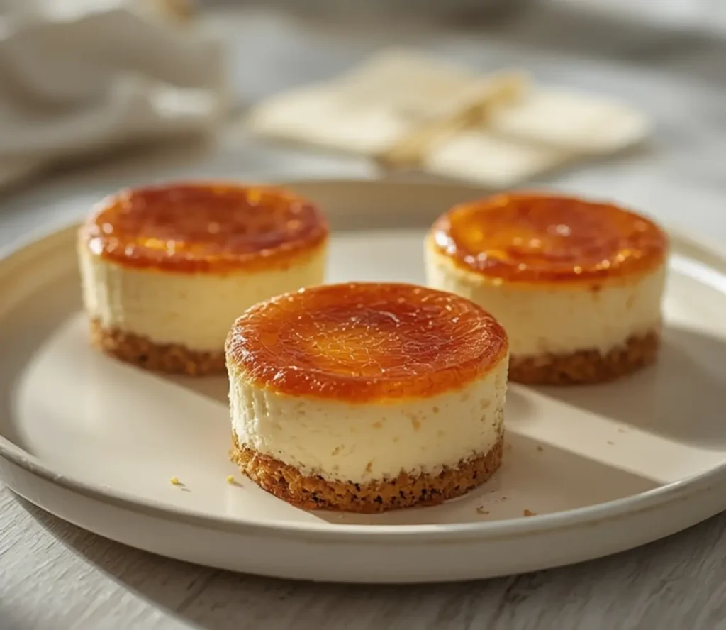 mini creme brulee cheesecakes: : Mini creme brulee cheesecakes with a cracked caramelized sugar topping and creamy interior.