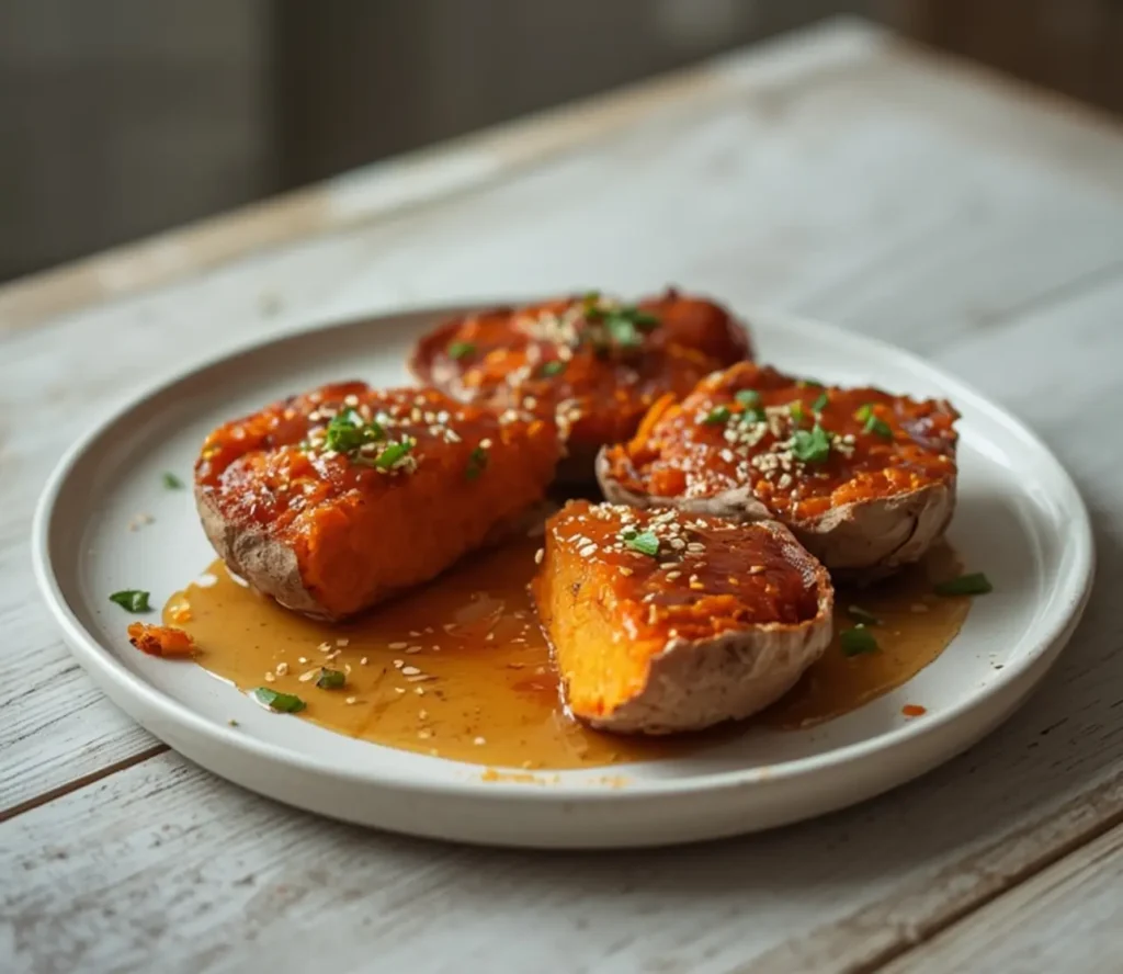 sweet spicy smashed sweet potatoes: : Sweet spicy smashed sweet potatoes with maple glaze and herbs