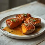 sweet spicy smashed sweet potatoes: : Sweet spicy smashed sweet potatoes with maple glaze and herbs