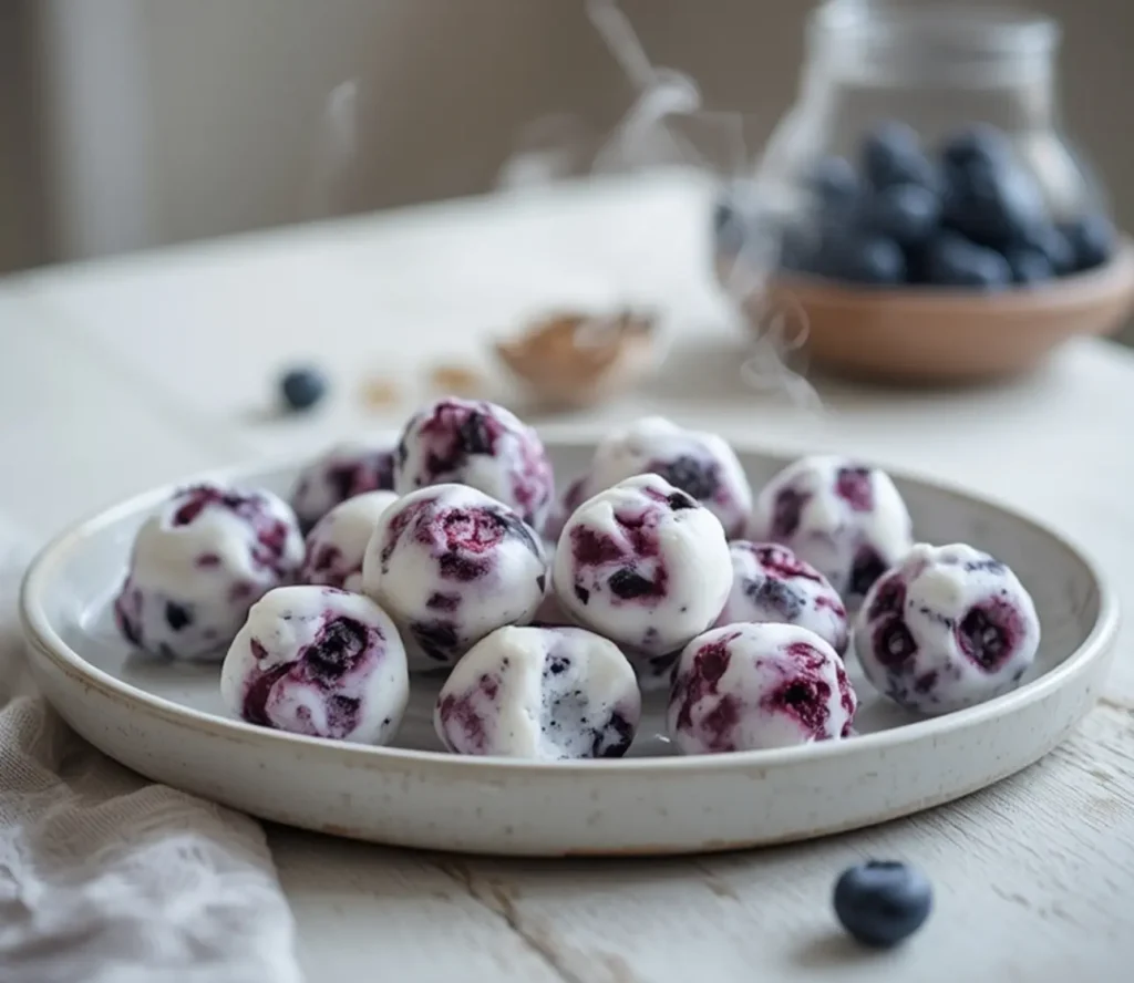 blueberry greek yogurt bites: : Blueberry greek yogurt bites in a muffin tin, a healthy frozen snack.