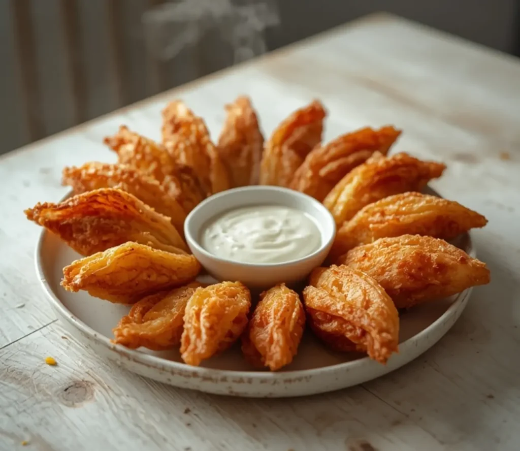bite-sized blooming onions: : Golden crispy bite-sized blooming onions with creamy dipping sauce