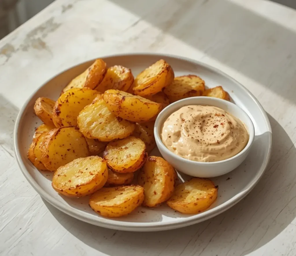 mini hasselback potatoes cajun mayo: : Crispy mini hasselback potatoes with vegan cajun mayo dip on a baking sheet.