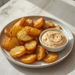 mini hasselback potatoes cajun mayo: : Crispy mini hasselback potatoes with vegan cajun mayo dip on a baking sheet.