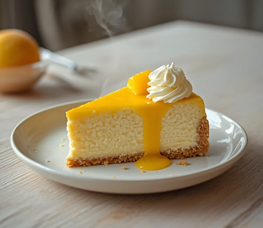 tropical mango cheesecake bliss: : Slice of tropical mango cheesecake bliss with creamy texture and mango glaze