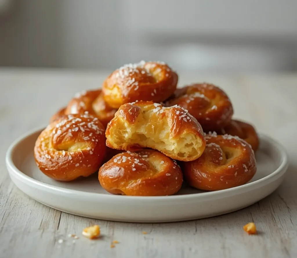 buttery soft pretzel bites: : Buttery soft pretzel bites recipe with golden brown color and salt topping