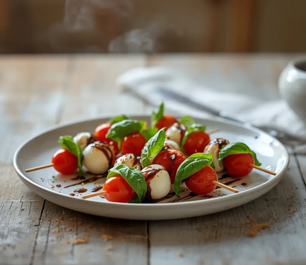 Caprese Skewers with Balsamic Glaze Easy & Elegant in 10 Minutes 1 caprese skewers balsamic glaze: : Caprese skewers with balsamic glaze on a plate for easy party appetizers