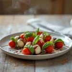 caprese skewers balsamic glaze: : Caprese skewers with balsamic glaze on a plate for easy party appetizers