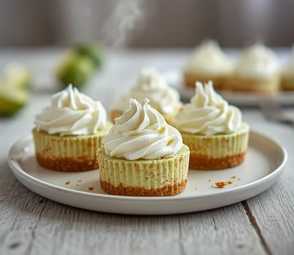 mini key lime pie cheesecakes: : Mini key lime pie cheesecakes with graham crust and whipped cream topping.