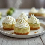 mini key lime pie cheesecakes: : Mini key lime pie cheesecakes with graham crust and whipped cream topping.