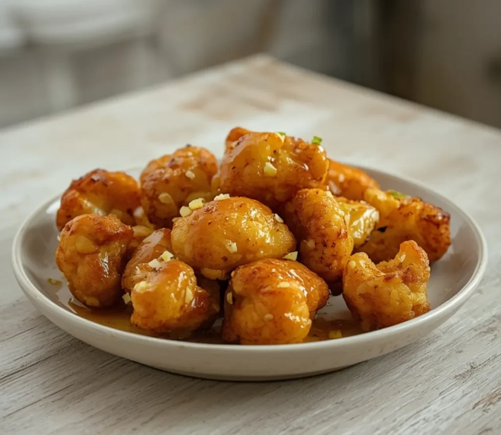 sticky honey garlic cauliflower: : Sticky honey garlic cauliflower recipe with crispy florets and glossy sauce.