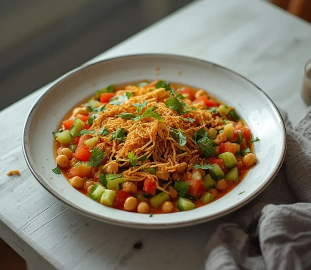 fresh indian chaat salad: : Fresh Indian chaat salad with crispy sev and chickpeas in a colorful bowl