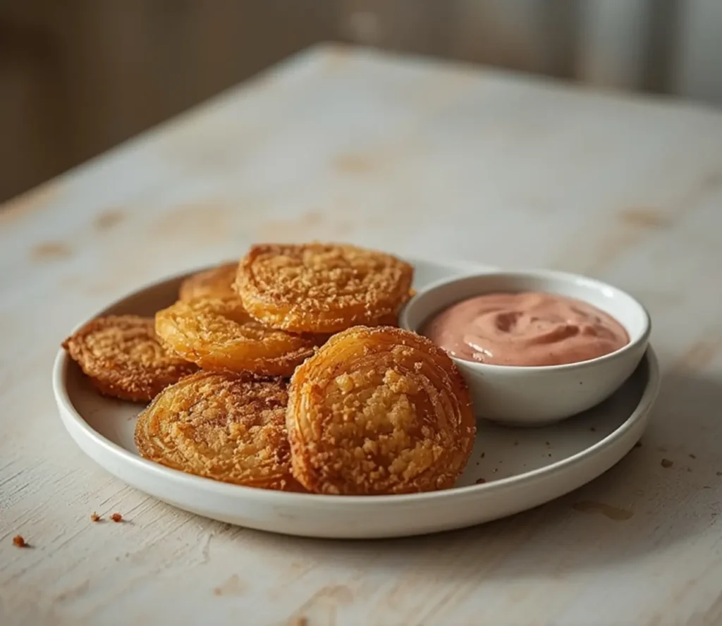 bite-sized blooming onions: : Crispy bite-sized blooming onions with a golden, crunchy coating served with a dipping sauce.