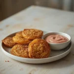 bite-sized blooming onions: : Crispy bite-sized blooming onions with a golden, crunchy coating served with a dipping sauce.