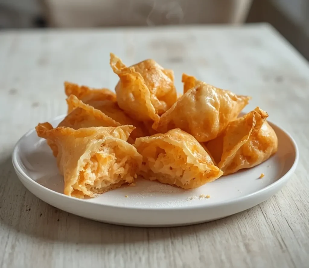 crispy crab rangoon bombs: : Crispy crab rangoon bombs with a creamy filling on a plate