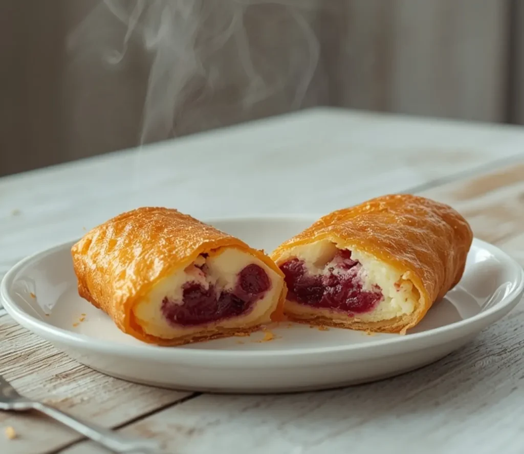 air fryer cherry cheesecake egg rolls: : Golden air fryer cherry cheesecake egg rolls on a plate with a gooey filling
