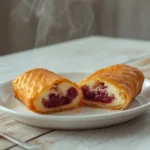 air fryer cherry cheesecake egg rolls: : Golden air fryer cherry cheesecake egg rolls on a plate with a gooey filling