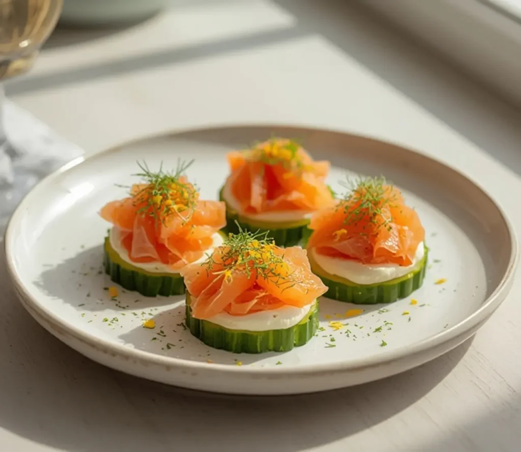 smoked salmon cucumber bites: : Smoked salmon cucumber bites with cream cheese and dill for an elegant appetizer.