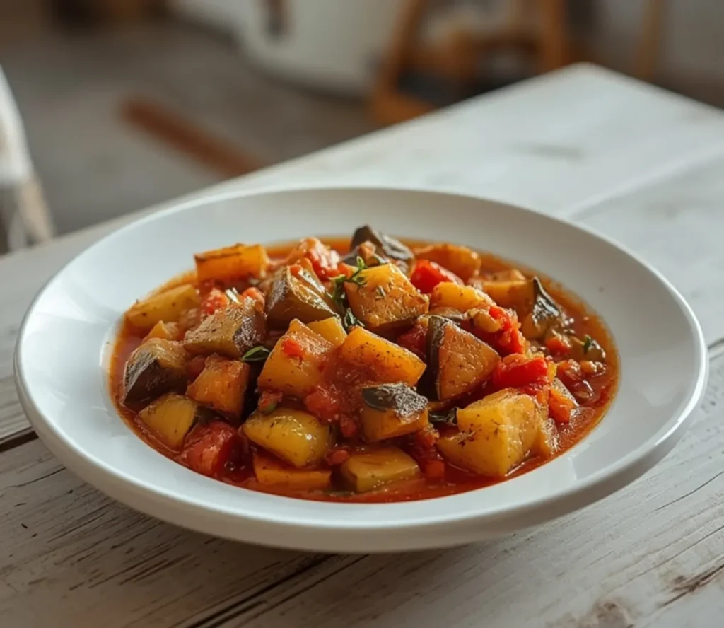 homemade classic french ratatouille: : Homemade classic French ratatouille with eggplant, zucchini, and peppers in a tomato sauce.