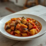 homemade classic french ratatouille: : Homemade classic French ratatouille with eggplant, zucchini, and peppers in a tomato sauce.