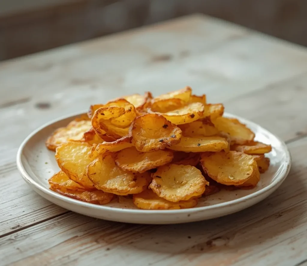 air fryer potato chips: : Golden crispy air fryer potato chips on a plate for a healthy snack