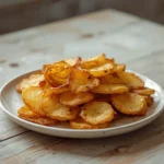 air fryer potato chips: : Golden crispy air fryer potato chips on a plate for a healthy snack