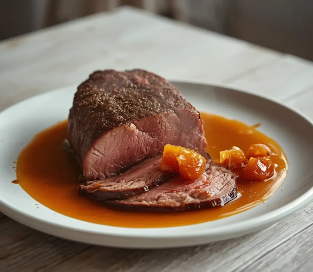 slow roasted rib of beef: : Slow roasted rib of beef with butternut cream and candied garlic sauce on a plate