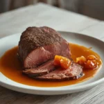 slow roasted rib of beef: : Slow roasted rib of beef with butternut cream and candied garlic sauce on a plate