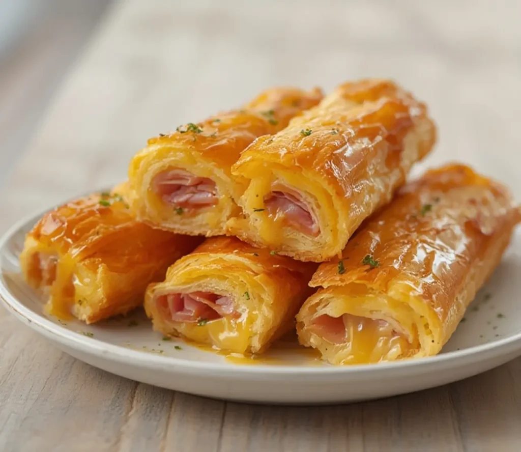 ham and cheese sticks: : Golden ham and cheese sticks with flaky crescent dough and melted cheddar