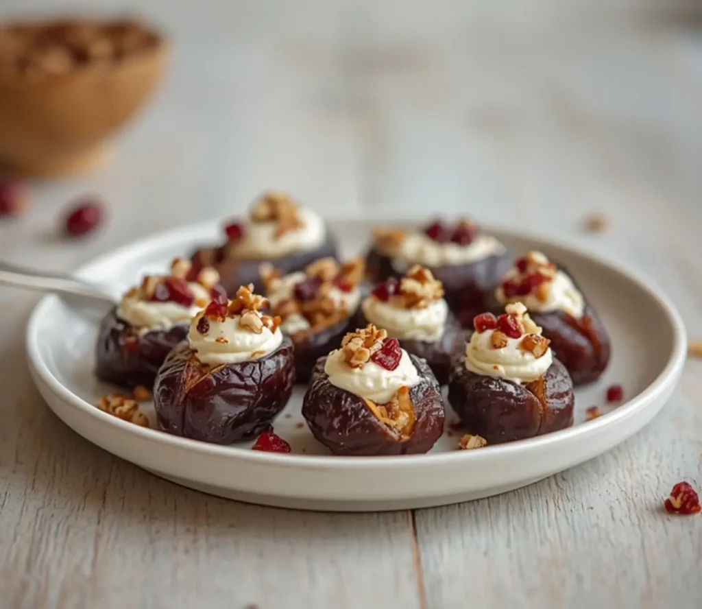 cranberry pecan cream cheese stuffed dates: : Cranberry pecan cream cheese stuffed dates on a plate for easy snacking