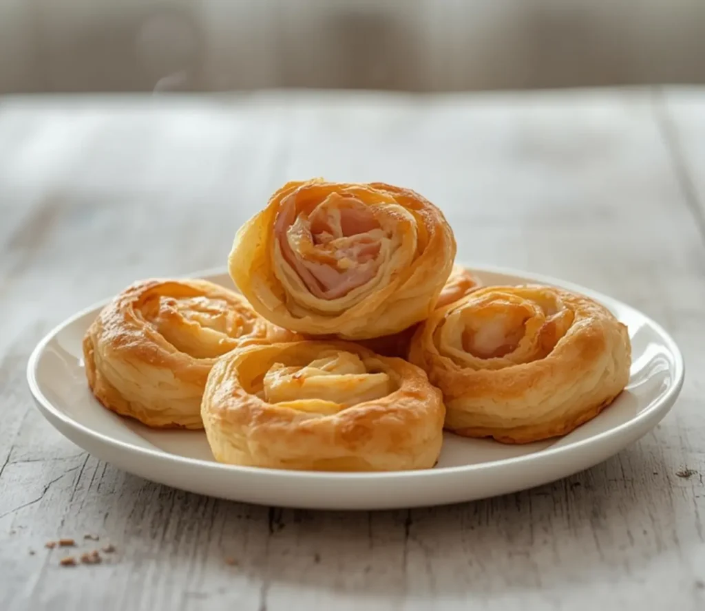 ham and cheese pinwheels: : Golden ham and cheese pinwheels on a baking sheet with flaky crescent dough