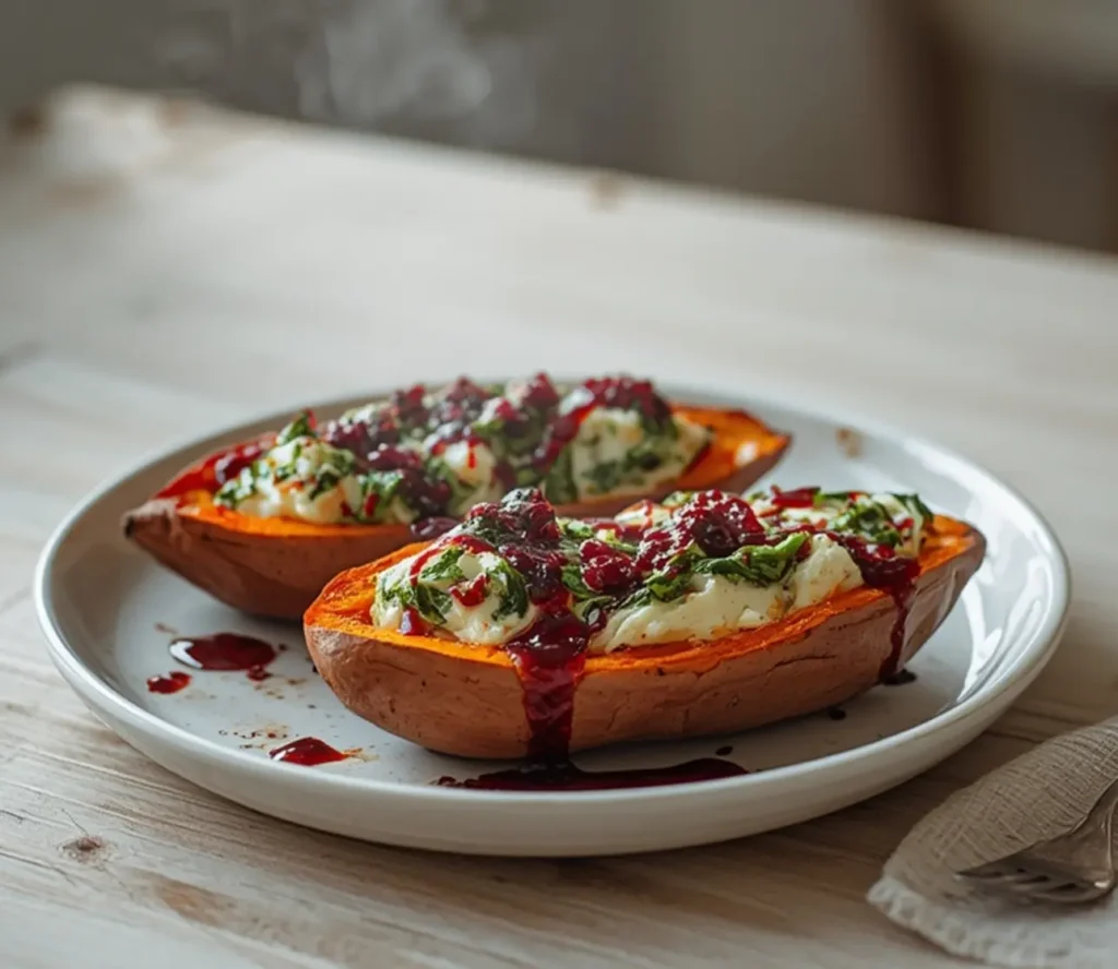 creamy ricotta spinach stuffed sweet potatoes: : Creamy ricotta spinach stuffed sweet potatoes with balsamic cranberry glaze recipe