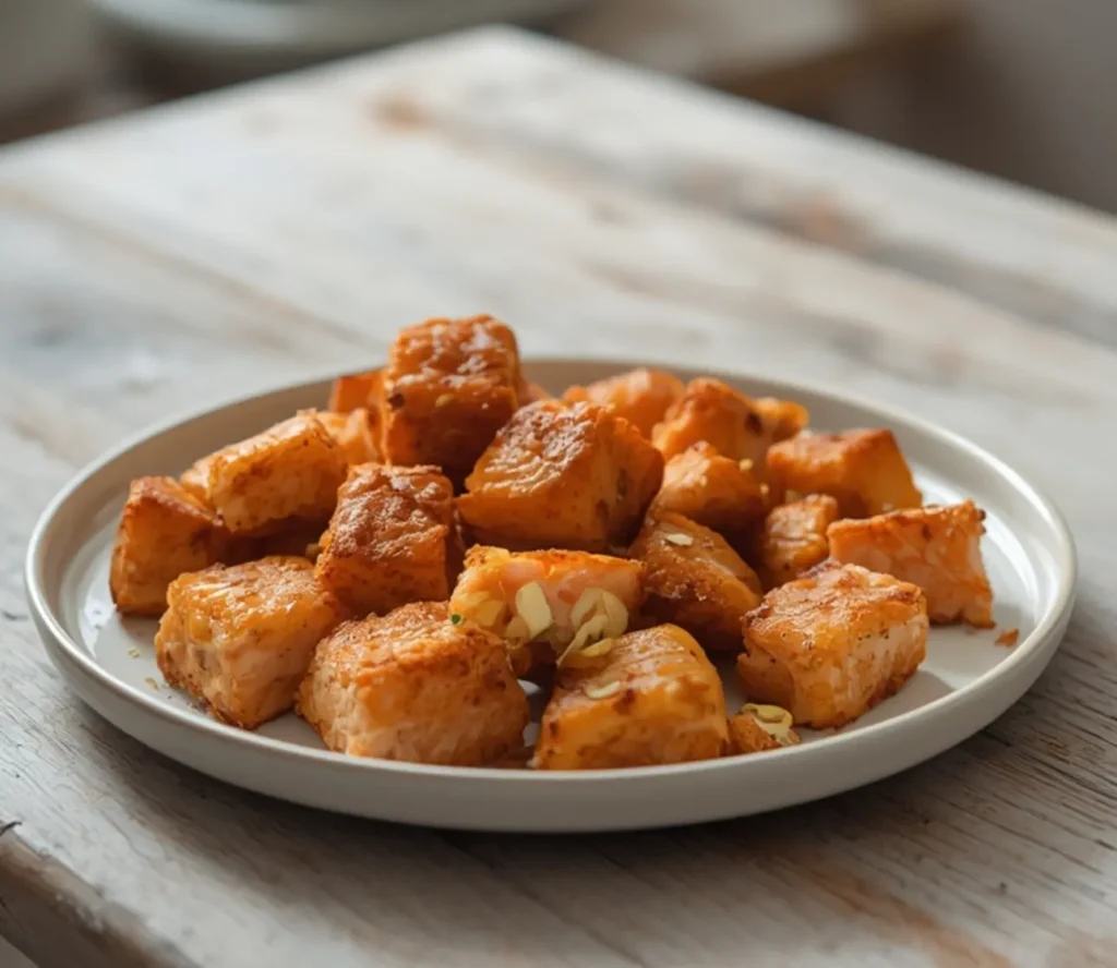 easy delicious salmon bites: : Easy and delicious salmon bites with golden crispy texture and savory seasoning.