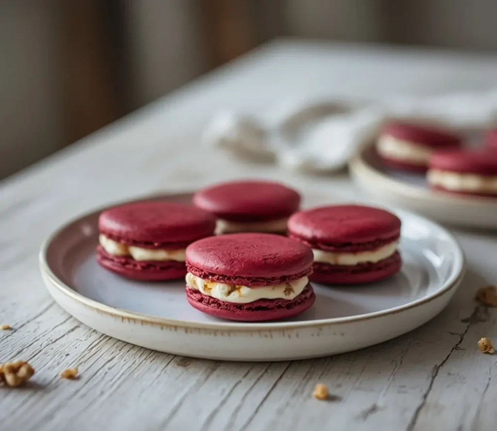 savory beet macarons: : Savory beet macarons with crisp red shells and tangy goat cheese filling