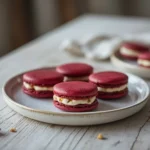 savory beet macarons: : Savory beet macarons with crisp red shells and tangy goat cheese filling