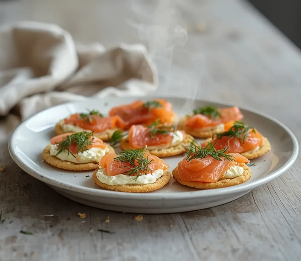 elegant appetizers new year's party: : Elegant appetizers with smoked salmon and cream cheese for a New Year's party.