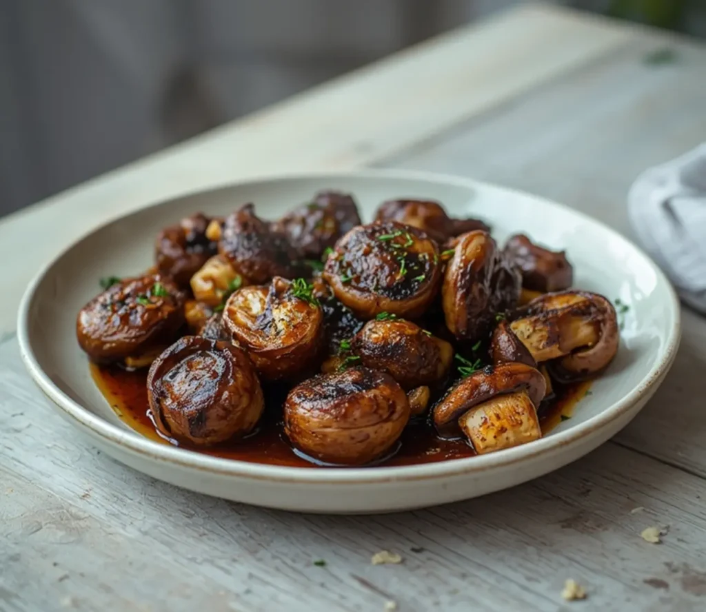 balsamic soy roasted garlic mushrooms: : Balsamic soy roasted garlic mushrooms with a glossy glaze and herbs