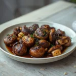 balsamic soy roasted garlic mushrooms: : Balsamic soy roasted garlic mushrooms with a glossy glaze and herbs