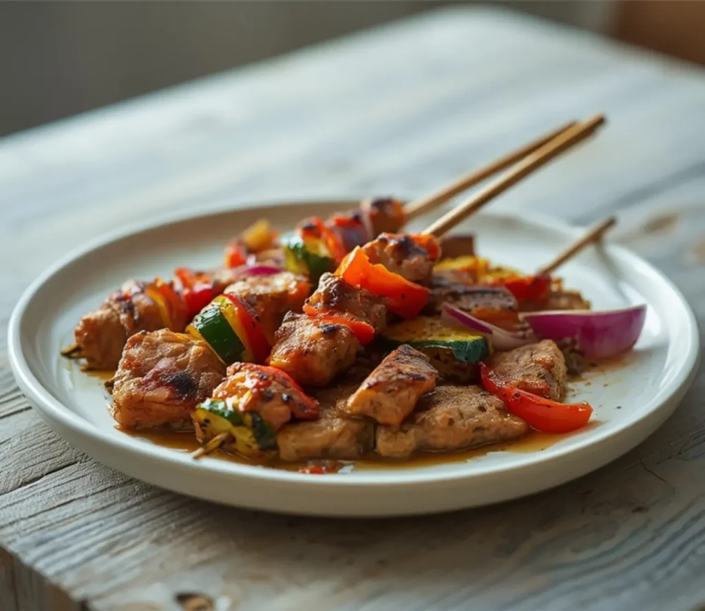 grilled pork kabobs skewers: : Grilled pork kabobs skewers with vegetables and Mediterranean marinade on a plate.