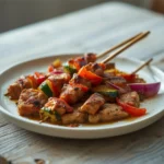 grilled pork kabobs skewers: : Grilled pork kabobs skewers with vegetables and Mediterranean marinade on a plate.