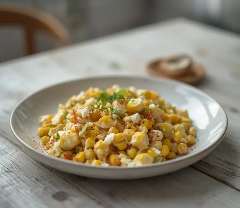 mexican street corn salad: : Creamy Mexican street corn salad with chili-lime flavor in a bowl.