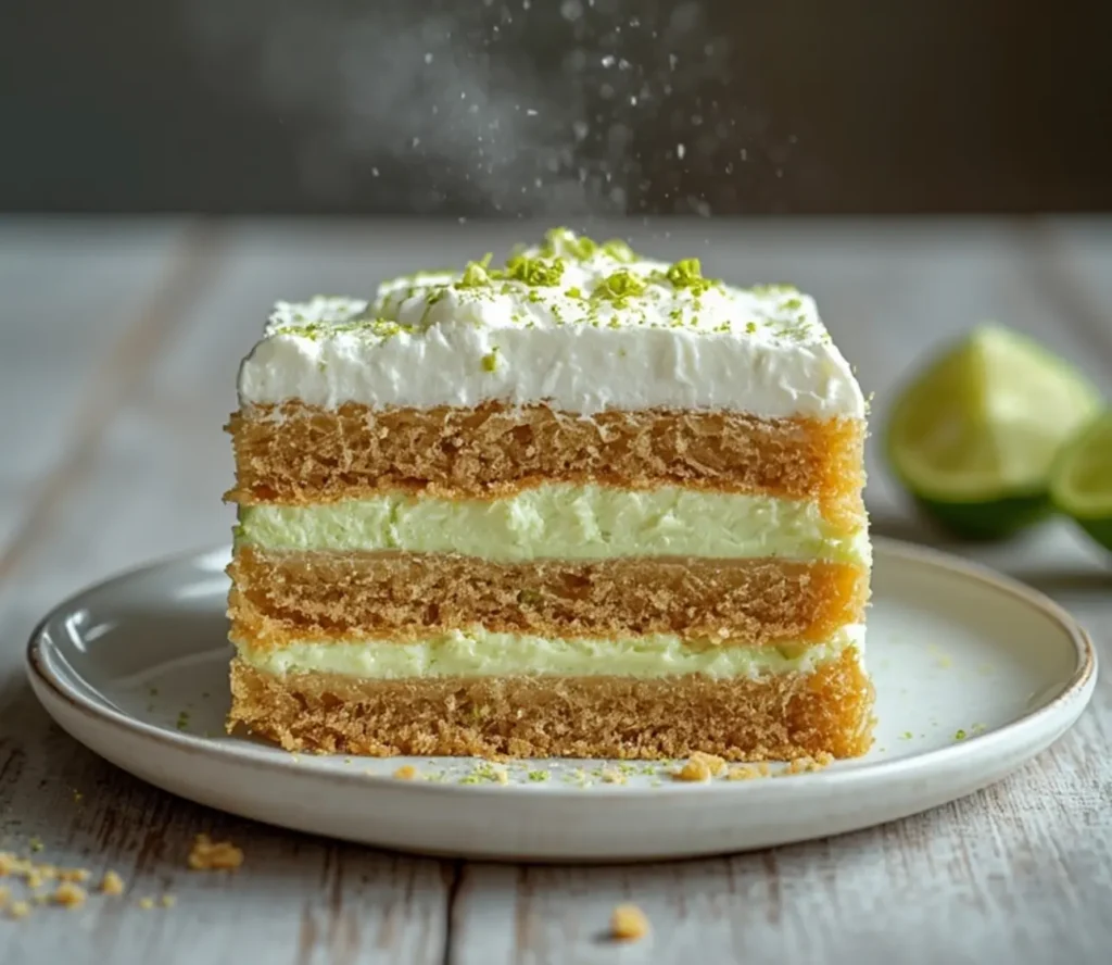 magical 3 layer key lime pie trifle: : Three distinct layers of creamy key lime trifle in a glass bowl topped with lime zest.