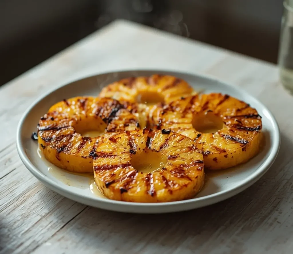 brazilian grilled pineapple: : Grilled pineapple slices with caramelized marks and cinnamon topping